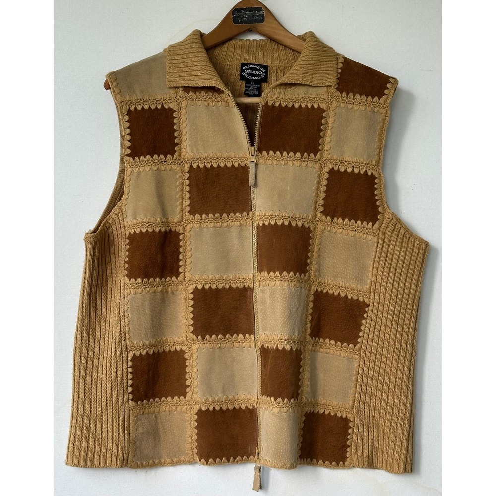 Designers Studio Leather Suede Patchwork Vest Womens XL Brown Retro